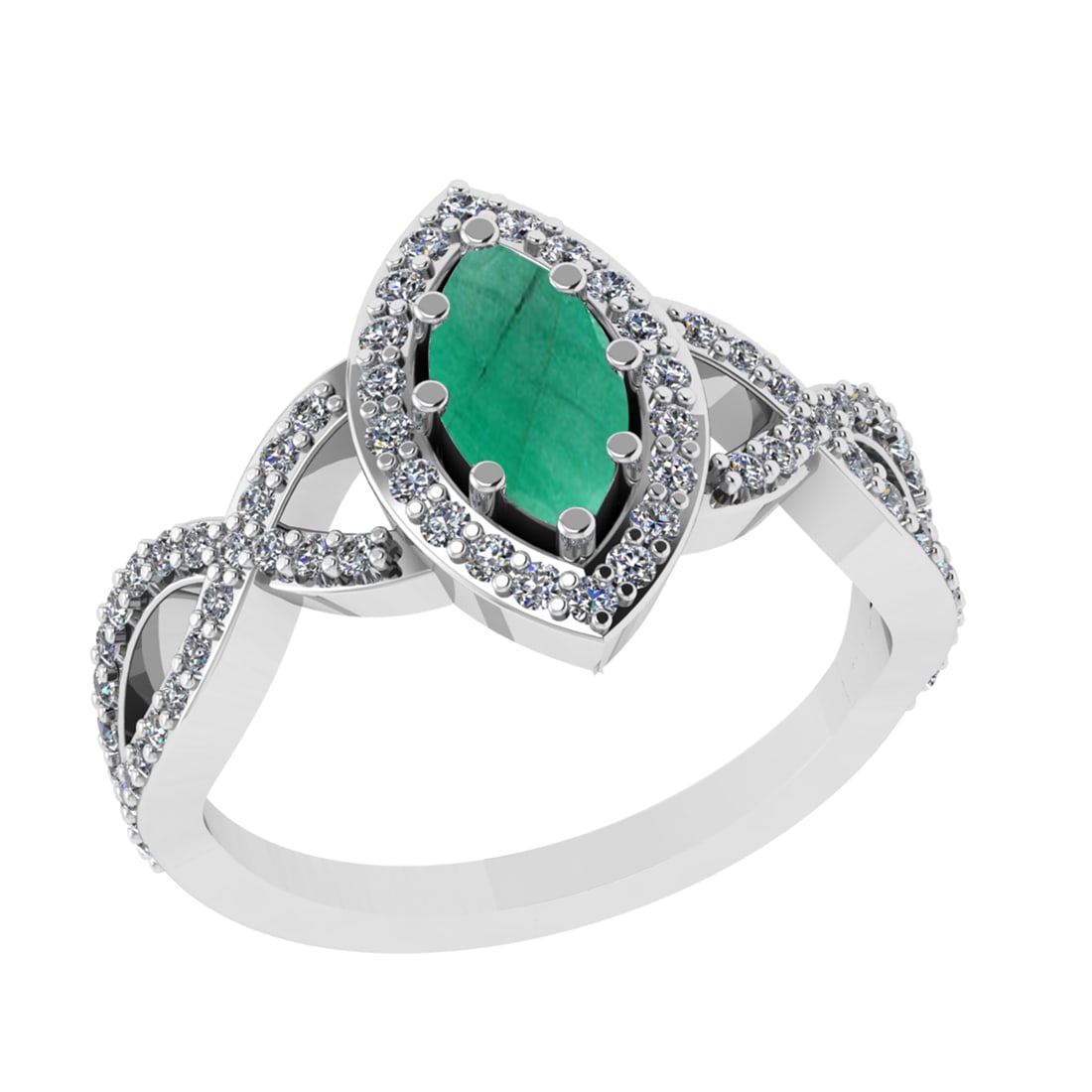 1.32 Ctw I2/I3 Emerald And Diamond 14K White Gold Engagement Ring: Center Stone Weight :0.75 Ctw ( marquise Cut ) Center Stone Color : Emerald Stone Setting : Prong Side Diamond Weight Of Ctw 0.57Ctw Side Stone Color : J-K Stone Clarity : SI2/I1 Stone Setting : Prong