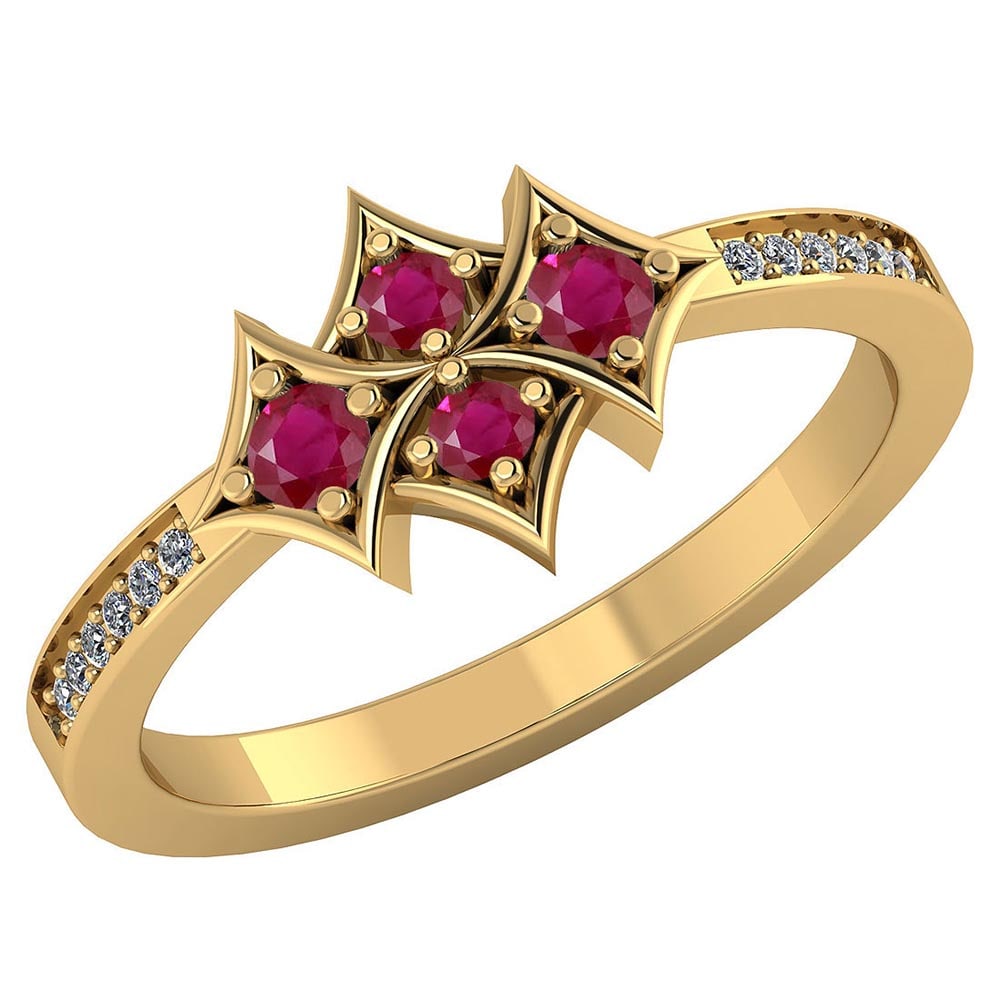 Certified 1.25 CTW Genuine Ruby And Diamond 14K Yellow Gold Ring: Center Stone 1.10 CTW Round Center Stone Clarity: SI2/I1Center Stone Color : Genuine Ruby Stone Setting ;Prong Side Stone Clarity; SI2/I1Side Stone Color ; White Diamond J -KSide Stone Setting ;