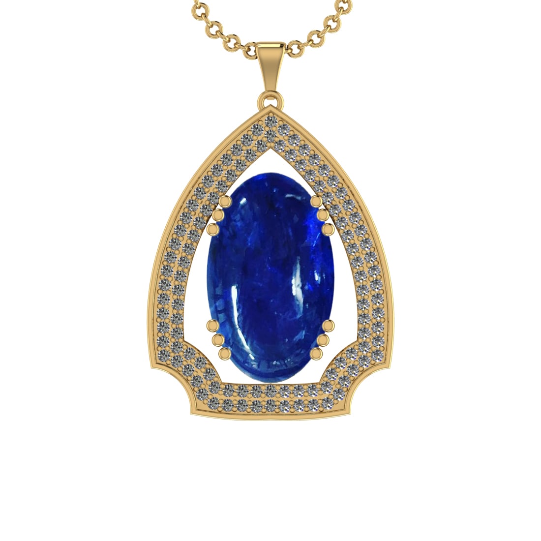 56.84 Ctw VS/SI1 Tanzanite and Diamond Prong Set 14k Yellow Gold Pendant: Center Stone Weight : 54.62 Ctw ( Oval Cab) Center Stone Color :-Tanzanite Setting : Prong Side Weight Of Ctw 2.22 Ctw Color : J-K Clarity : VS/SI1 Stone Setting : Prong Metal Weight : Approx 14.80 gr