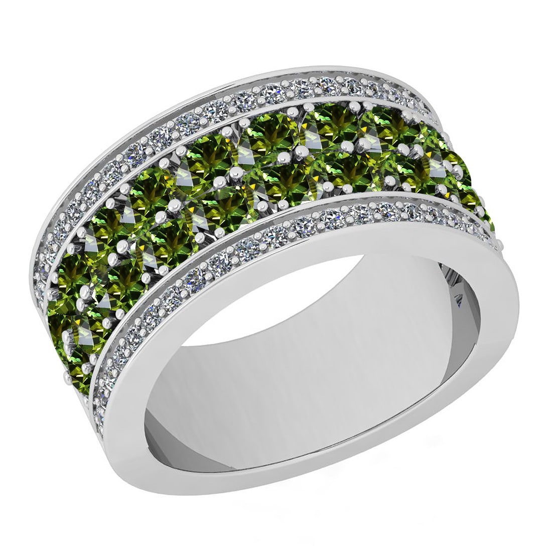 Certified 5.12 Ctw I2/I3 Green Sapphire And Diamond 10K White Gold Band Rin: Center Stone Approx Weight: 4.62 Ctw (Round Cut) Center Stone Color: Green Sapphire Center Setting: Prong Side Stone 0.50 ctw Side Stone Color: J-K Side Stone Setting: Prong Side Stone Clarity: I2/I3 