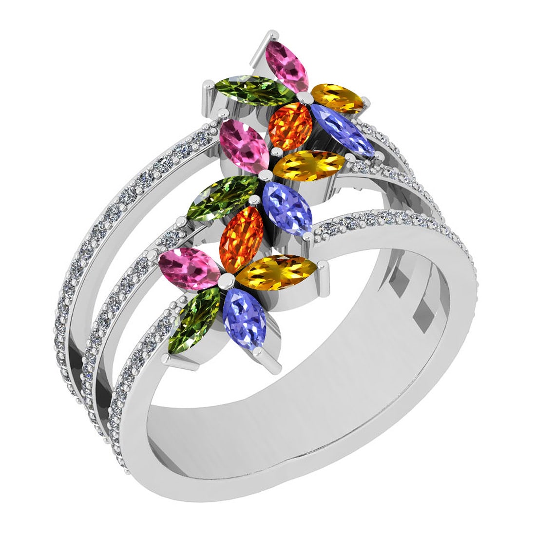 Certified 1.48 Ctw I2/I3 Multi Sapphire, tanzanite And Diamond 10K White Go: Multi Stone Approx Weight: 1.10 Ctw (Marquise Cut) Multi Stone Color: Sapphire tanzanite Center Setting: Prong Side Stone 0.38 ctw Side Stone Color: J-K Side Stone Setting: Prong Side Stone Clarity: I