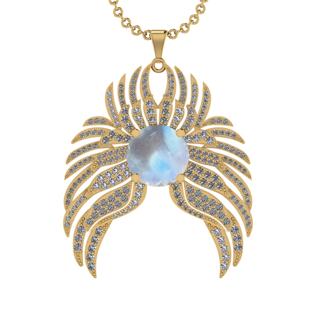 10.38 Ctw SI2/I1Rainbow Moonstone And Diamond 14K Yellow Gold Pendant Neckl: Center Stone Weight : 8.08 Ctw ( Round Cab ) Center Stone Color : Rainbow Moonstone Stone Setting : Prong Side Diamond Weight Of Ctw 2.30 Ctw Side Stone Color : J-K Stone Clarity : SI2/I1 Stone Settin