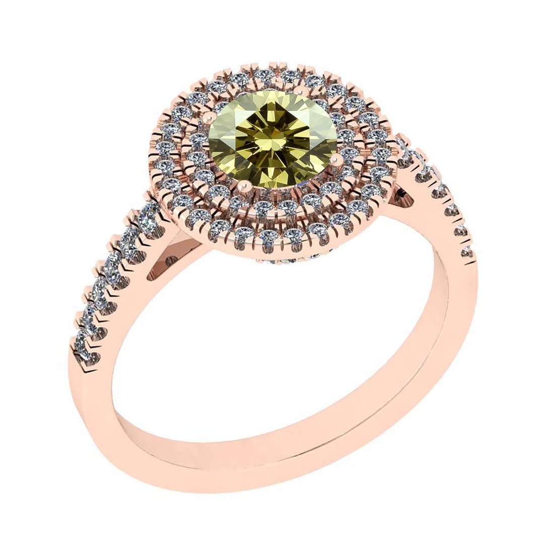 Certified 1.19 Ctw SI1/SI2 Natural Fancy Yellow And White Diamond 14K Rose: Center Approx Weight: 0.71 Ctw (Round Cut) Center Diamond Color: Natural Fancy Yellow Diamond Center Setting ; French Side Stone 0.48 ctw Side Stone Color: G-H Side Stone Setting: French Side Stone Cl