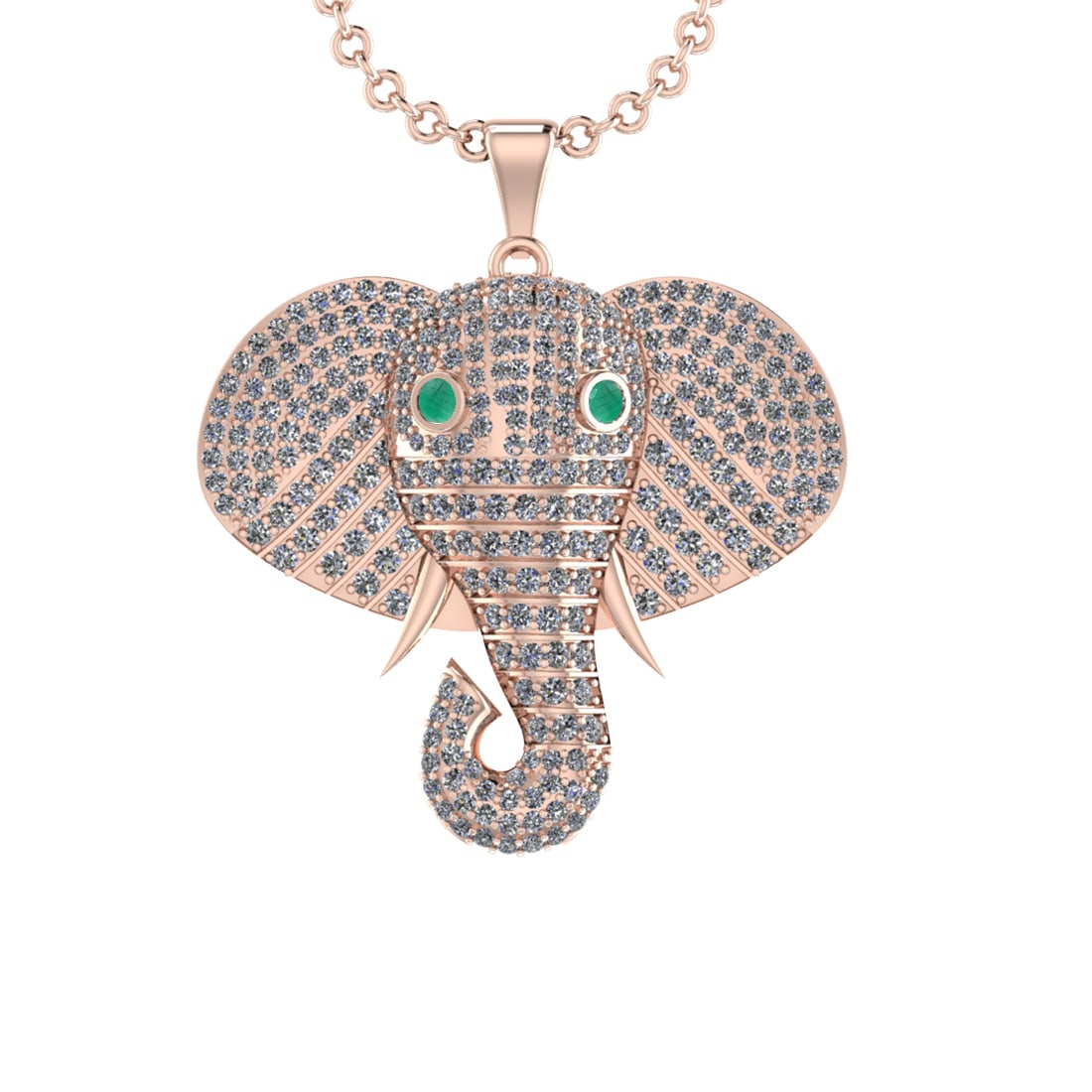5.60 Ctw SI2/I1 Diamond 14k Rose Gold Animal theme Elephant Pendant Necklac: Eye stone Weight :-0.30 Ctw Eye Color :- Emerald setting Prong Total Diamond Weight : 5.30 Ctw (Round cut) Center Diamond Color :- J-K Center Clarity : SI2/I1 Stone Setting : Prong Metal Weight : Appr