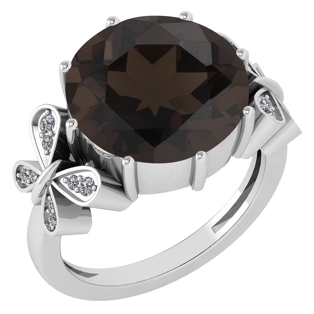 Certified 6.20 Ctw Smoky Quartz And Diamond VS/SI1 Ring 14K White Gold MADE: Center Stone Approx Weight ; 6.00 Ctw (1 Pcs Round) Center Stone Color: Smoky Quartz Center Stone Setting ; Prong Side Stone (16 Pcs Round Cut Diamond VS/SI1) 0.20 ctw Side Stone Color: White G-H Diam