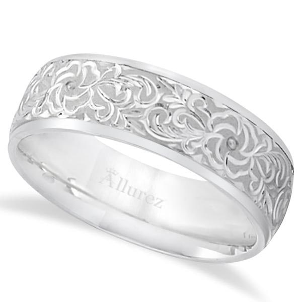 Hand-Engraved Flower Wedding Ring Wide Band 14k White Gold 7mm: CENTER STONE; CENTER STONE CLARITY; CENTER STONE COLOR; CENTER STONE SETTING; SIDE STONE CLARITY; SIDE STONE COLOR; SIDE STONE SETTING; ctw OF SIDE STONE: SIDE STONE QUALITY; #PAPPS20942v3