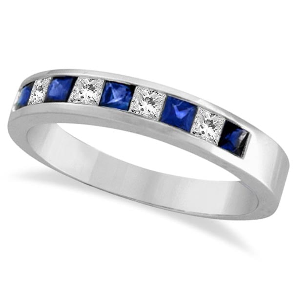 Princess-Cut Channel-Set Diamond and Sapphire Ring Band 14k White Gold: CENTER STONE; Sapphire CENTER STONE CLARITY; CENTER STONE COLOR; Blue CENTER STONE SETTING; Channel SIDE STONE CLARITY; SI SIDE STONE COLOR; J-K SIDE STONE SETTING; Channel ctw OF SIDE STONE: 0.23 SID