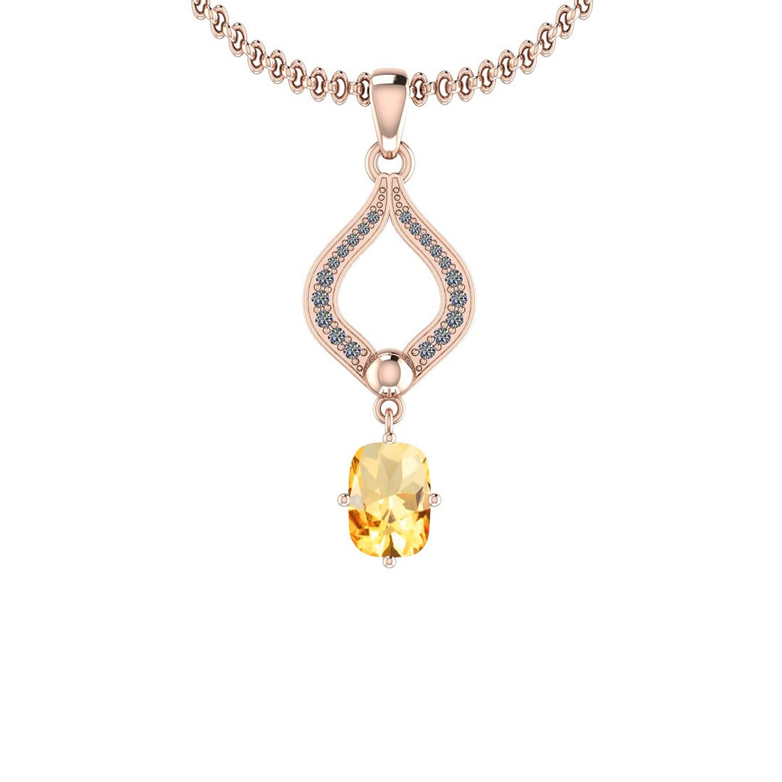 Certified 1.17 Ctw Yellow Topaz And Diamond I2/I3 14K Rose Gold Pendant: Center Stone Approx Weight: 1.10 Ctw (Cushion Cut) Center Stone Color: Yellow Topaz Center Stone Setting: Prong Side Stone 0.07 Ctw Side Stone Color: J-K Stone Clarity: I2/I3 Stone Setting: Prong Meta
