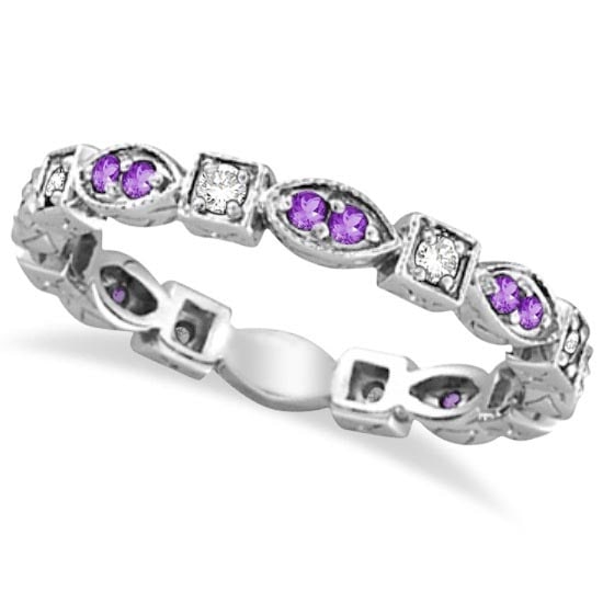 Amethyst and Diamond Eternity Anniversary Ring Band 14k White Gold: CENTER STONE; Diamond CENTER STONE CLARITY; SI CENTER STONE COLOR; J-K CENTER STONE SETTING; Prong SIDE STONE CLARITY; SIDE STONE COLOR; SIDE STONE SETTING; Prong ctw OF SIDE STONE: 0.24 SIDE STONE