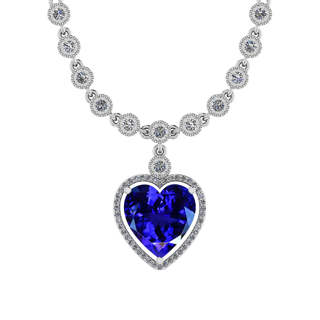 Certified 12.90 Ct Tanzanite And Diamond VS/SI1 Platinum Necklace: Center Stone Approx Weight: 9.38 Ctw (1 pcs Heart) Center Stone Color: Tanzanite Center Stone Setting: Prong Diamond Stone Approx Weight: 3.52 Ctw Diamond (1.1mm, 2.3mm, Round) Stone Color: G-H Stone