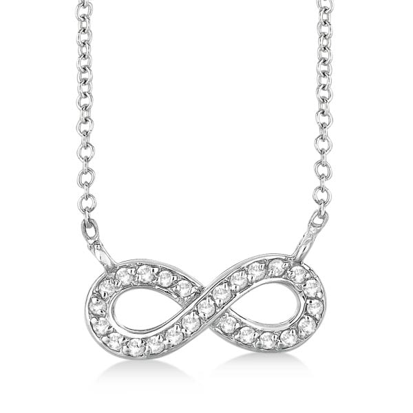 Pave-Set Diamond Infinity Pendant Necklace 14K White Gold 0.20ctw: CENTER STONE; Diamond CENTER STONE CLARITY; SI1-SI2 CENTER STONE COLOR; J-K CENTER STONE SETTING; Pave SIDE STONE CLARITY; SIDE STONE COLOR; SIDE STONE SETTING; ctw OF SIDE STONE: SIDE STONE QUALITY; 
