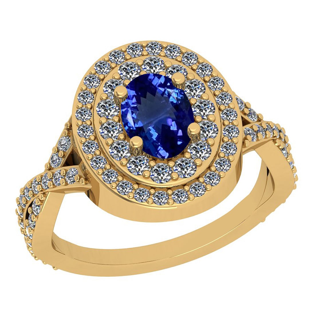 Certified 2.67 Ctw VS/SI1 Tanzanite And Diamond 14K Yellow Gold Engagement: Center Stone Approx Weight: 2.00 Ctw (Oval Cut) Center Stone Color: Tanzanite Center Stone Setting: Prong Side Stone 0.67 Ctw Side Stone Color: J-K Stone Clarity: VS/SI1 Stone Setting: Prong Metal App