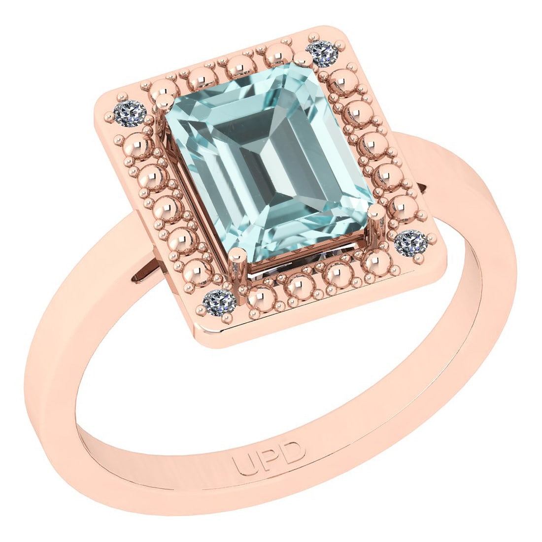 2.21 Ctw SI2/I1 Aquamarine And Diamond 14K Rose Gold Ring: Center Stone Weight : 2.17 Ctw (Emerlad Octo) Center Stone Color :-Aquamarine Center Stone Setting : Prong Side Stone Weight Of Ctw 0.04 Ctw Side Stone Color : J-K Stone Clarity : SI2/I1 Stone Setting