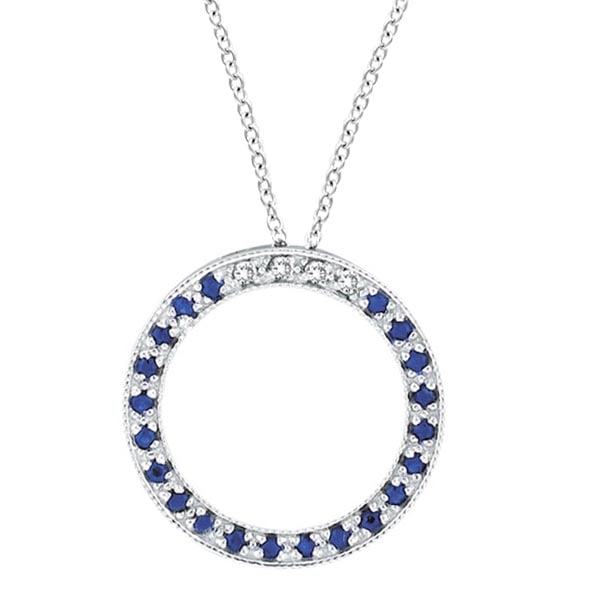 Diamond and Blue Sapphire Circle Pendant Necklace 14k White Gold: METAL TYPE: 14k White Gold ;TOTAL CARAT WEIGHT: 0.25 ;NAME OF CENTER STONE: Sapphire ;CENTER STONE SHAPE: Round ;CENTER STONE CLARITY: ;CENTER STONE COLOR: Blue ;CENTER STONE SETTING: Prong ;CENTER ST