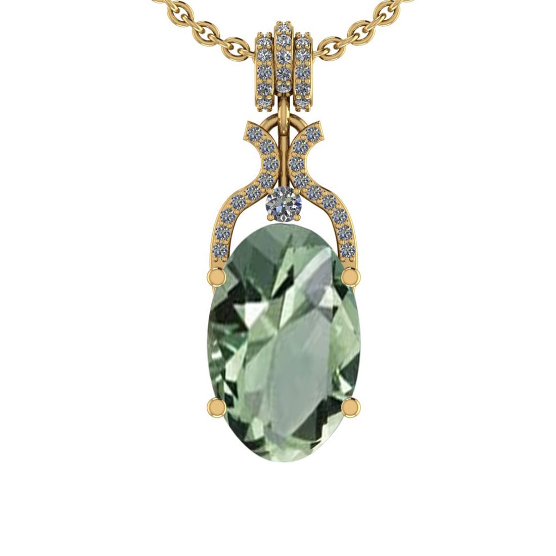 23.98 Ctw I2/I3 Green Amethyst And Diamond 10K Yellow Gold Pendant: Center Stone Weight : 23.05 Ctw (Oval Cut ) Center Stone Color : Green Amethyst Center Stone Setting : Prong Side Stone Weight Of Ctw 0.93 Ctw Side Stone Color : J-K Stone Clarity : I2/I3 Stone Settin