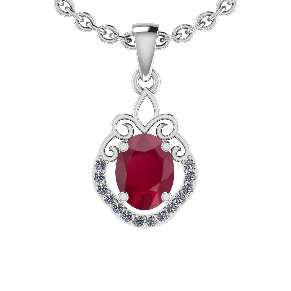 1.36 Ctw SI2/I1 Ruby And Diamond 14K White Gold Vintage Style Pendant: Center Stone Weight : 1.25 Ctw (Oval Cut) Center Stone Color :-Ruby Center Stone Setting : Prong Side Stone Weight Of Ctw 0.11 Ctw Side Stone Color : G-H Stone Clarity :SI2/I1 Stone Setting : Prong Me