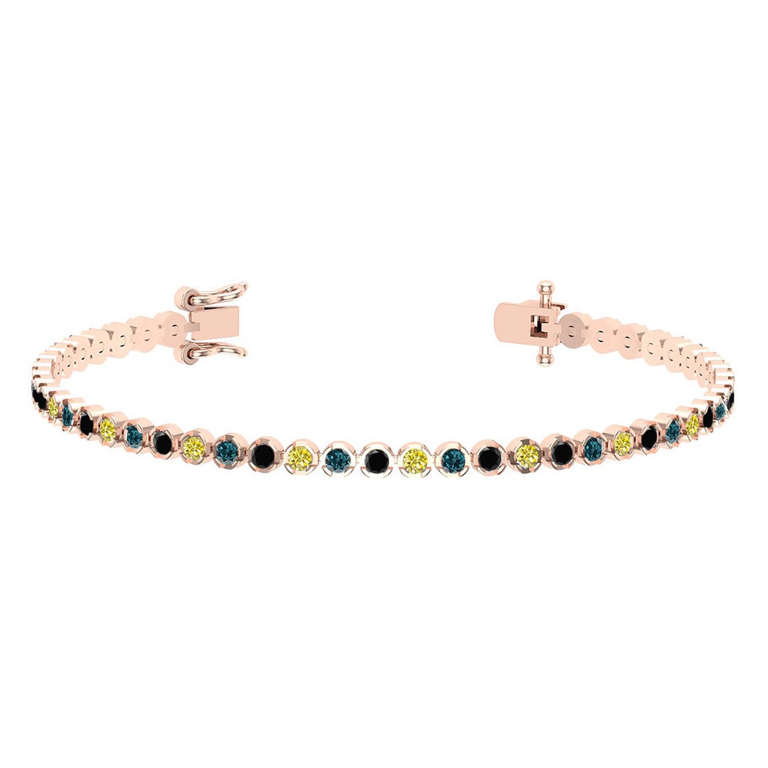 2.60 Ctw I2/I3 Multi Diamond14K Rose Gold Bracelet: Center Diamond Weight : 2.60 Ctw (Round Cut) Center Diamond Color :- Treated Fancy Blue black yellow diamond Center Clarity : I2/I3 Stone Setting : Prong Metal Weight : Approx 7.90 Gram 14K Rose Gold 