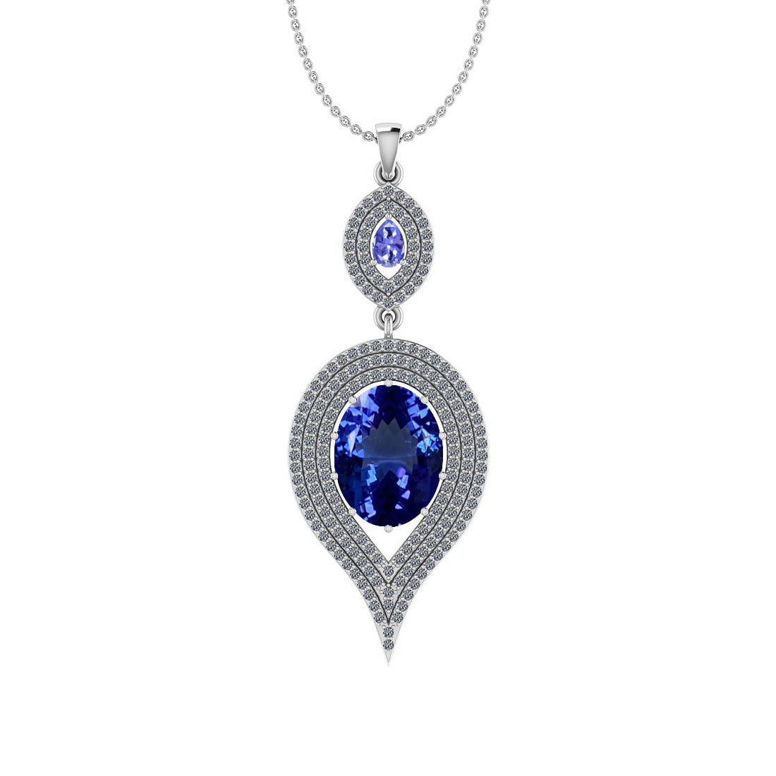 6.74 Ctw VS/SI1 Tanzanite And Diamond 18K White Gold Pendant Necklace: Center Stone Weight : 5.80 Ctw (Oval& Pear Cut) Center Stone Color :-Tanzanite Center Stone Setting : Prong Side Stone Weight Of Ctw 0.94 Ctw Side Stone Color : G-H Stone Clarity : VS/SI1 Stone Settin