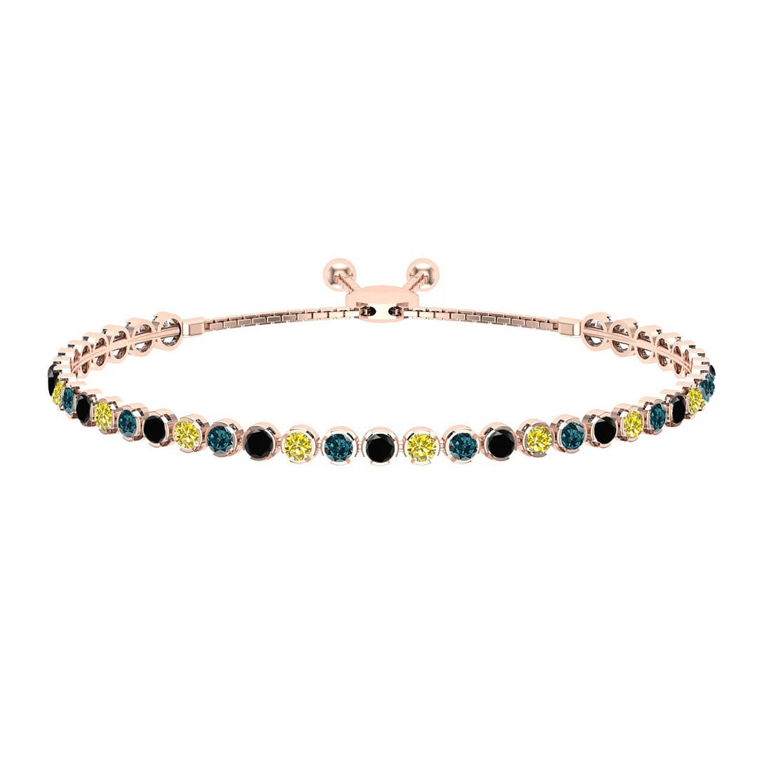 1.12 Ctw I2/I3 Multi Diamond Crown Set 14K Rose Gold Slide Bracelet: Center Diamond Weight : 1.12 Ctw (Round Cut) Center Diamond Color :- Treated Fancy Blue black yellow diamond Center Clarity : I2/I3 Stone Setting : Crown Metal Weight : Approx 6.50 Gram 14K Rose Gold 
