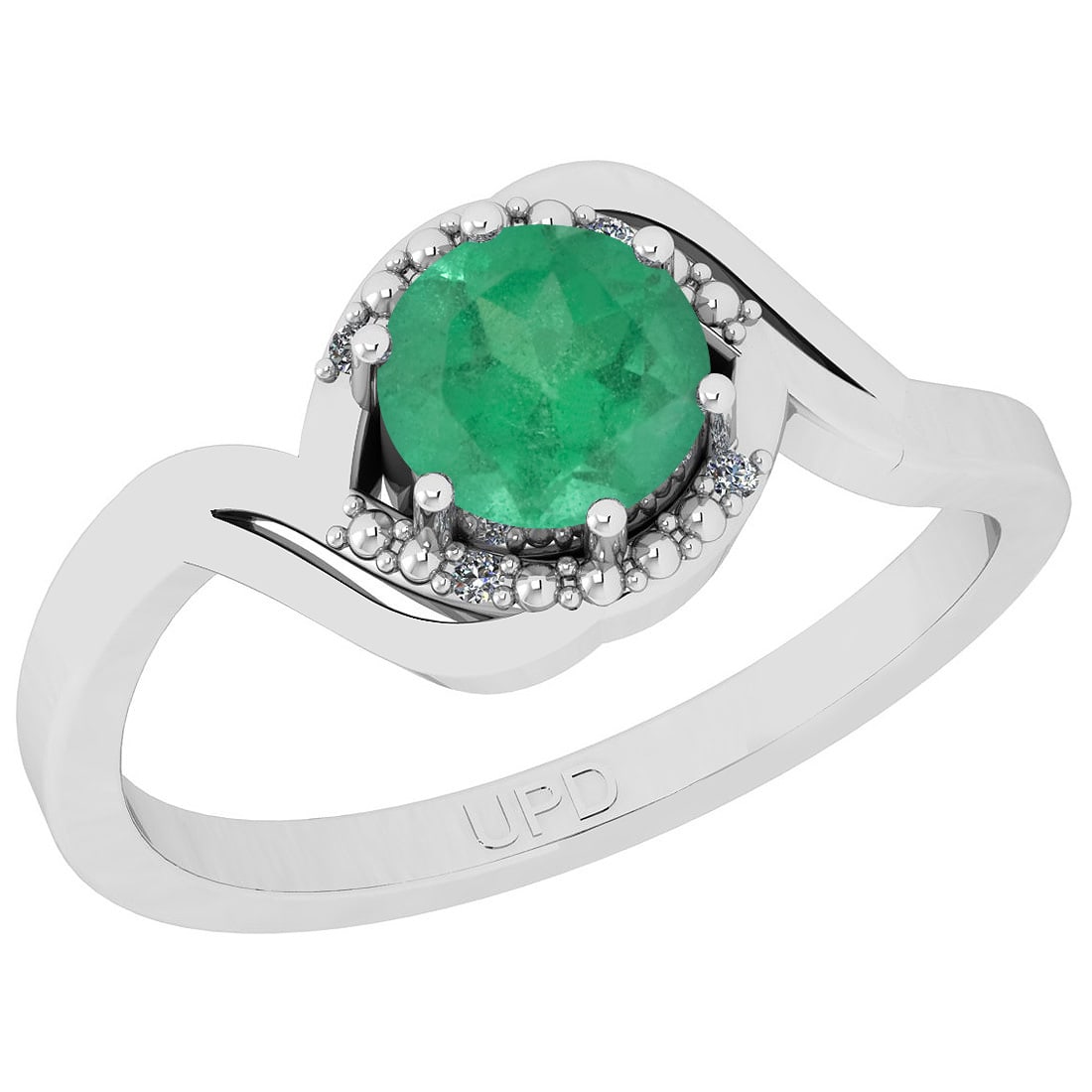 0.74 Ctw SI2/I1 Emerlad And Diamond 14K White Gold Ring: Center Stone Weight : 0.72 Ctw (Round Cut) Center Stone Color :-Emerlad Center Stone Setting : Prong Side Stone Weight Of Ctw 0.02 Ctw Side Stone Color : J-K Stone Clarity : SI2/I1 Stone Setting : Pro