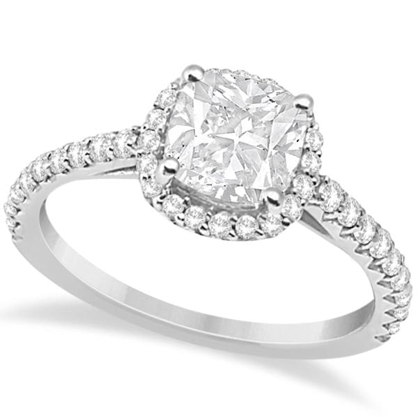 Halo Design Cushion Cut Diamond Engagement Ring 14K White Gold 1.28 ctw: CENTER STONE; Diamond 0.90 CENTER STONE CLARITY; SI1-SI2 CENTER STONE COLOR; J-K CENTER STONE SETTING; Prong SIDE STONE CLARITY; SI1-SI2 SIDE STONE COLOR; J-K SIDE STONE SETTING; Prong ctw OF SIDE STO