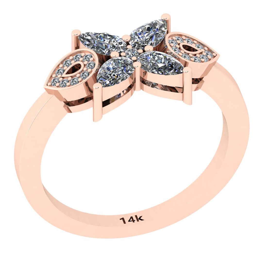 1.10 Ctw SI2/I1 Diamond 14K Rose Gold Ring: Center Diamond Weight : 1.00 Ctw (4 Pec Pear Cut) Center Diamond Color : J-K Center Stone Setting : Prong Center Stone Clarity : SI2/I1 Side Stone Weight Of Ctw 0.10 Ctw Side Stone Color : J-K Stone C