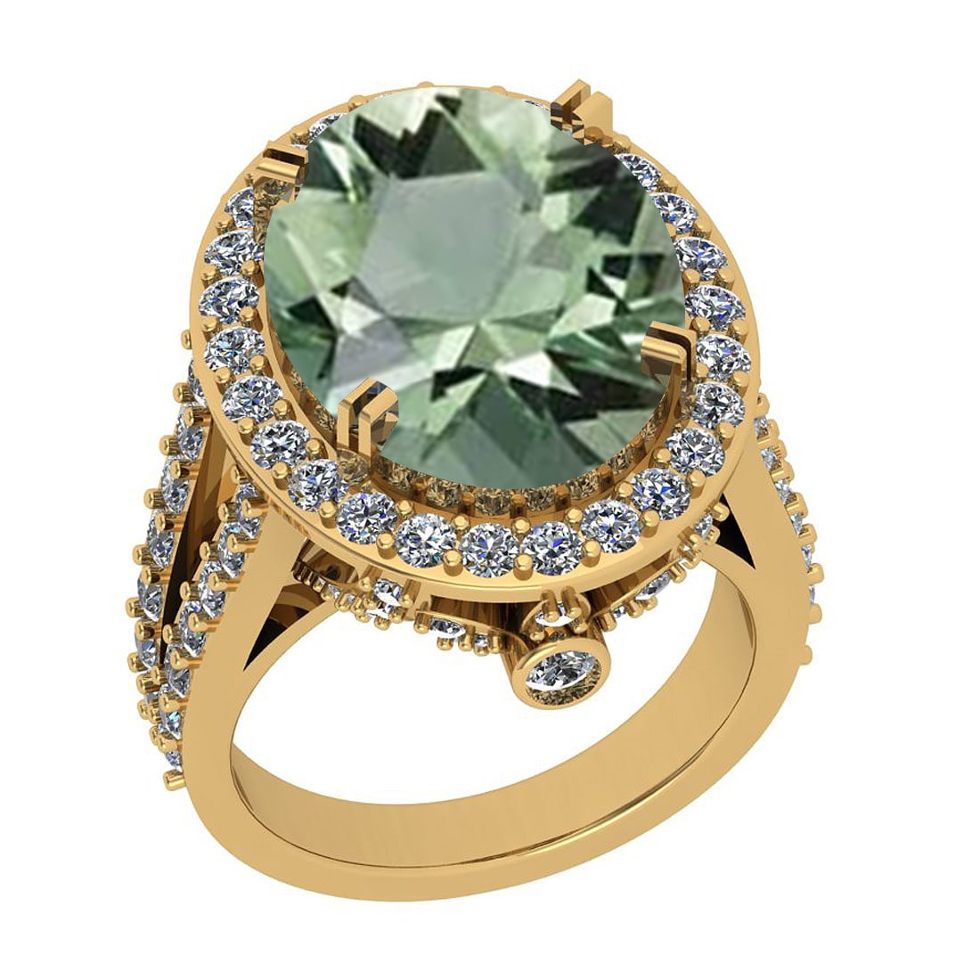 14.82 Ctw SI2/I1 Green Amethyst And Diamond 14k Yellow Gold Vintage Style R: Center Weight : 13.62 Ctw (Oval Cut ) Center Color : Green Amethyst Center Stone Setting : Prong Side Stone Weight Of Ctw 1.20 Ctw Side Stone Color : J-K Stone Clarity : SI2/I1 Stone Setting : Prong M