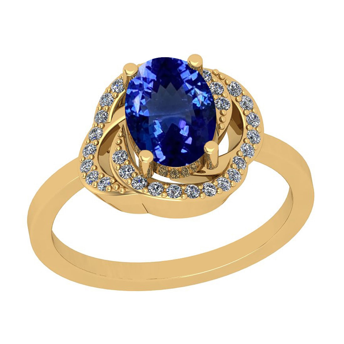 2.18 Ctw VS/SI1 Tanzanite And Diamond 18K Yellow Gold Anniversary Ring: Center Stone Weight : 2.00 Ctw (Oval Cut) Center Stone Color :-Tanzanite Center Stone Setting : Prong Side Stone Weight Of Ctw 0.18 Ctw Side Stone Color : G-H Stone Clarity : VS/SI1 Stone Setting : Pr