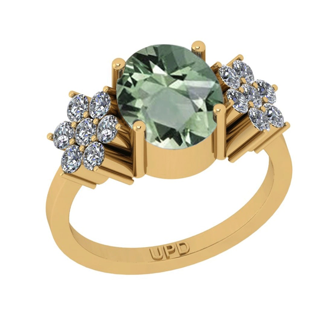 3.00 Ctw I2/I3 Green Amethyst And Diamond 10K Yellow Gold Ring: Center Stone Weight : 2.50 Ctw (Oval Cut ) Center Stone Color : Green Amethyst Center Stone Setting : Prong Side Stone Weight Of Ctw 0.50 Ctw Side Stone Color : J-K Stone Clarity : I2/I3 Stone Setting