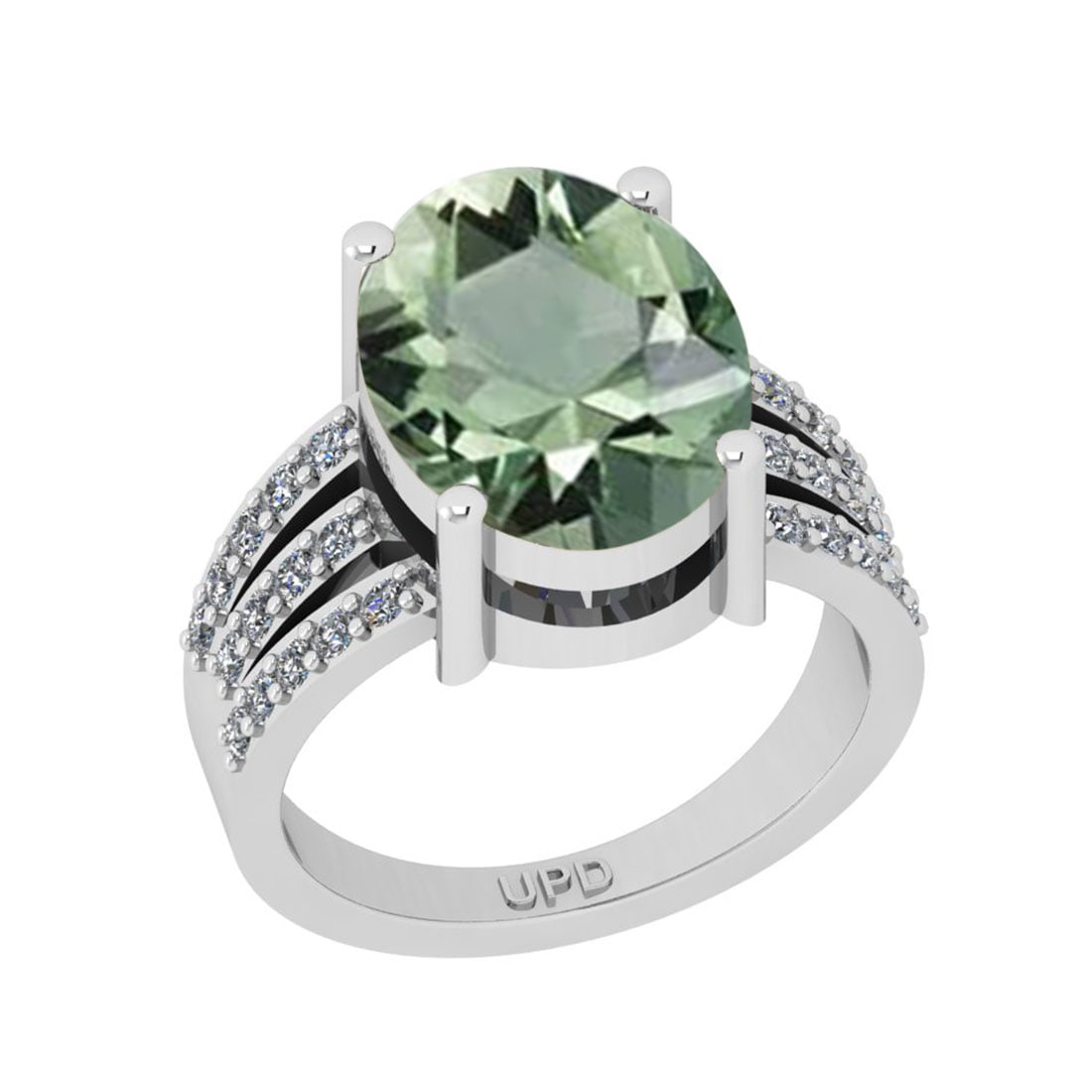 5.99 Ctw I2/I3 Green Amethyst And Diamond 10K White Gold Ring: Center Stone Weight : 5.59 Ctw (Oval Cut ) Center Stone Color : Green Amethyst Center Stone Setting : Prong Side Stone Weight Of Ctw 0.40 Ctw Side Stone Color : J-K Stone Clarity : I2/I3 Stone Setting