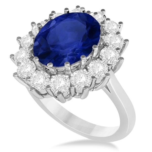 Oval Blue Sapphire and Diamond Accented Ring 14k White Gold 5.40ctw: CENTER STONE; Sapphire CENTER STONE CLARITY; Eye Clean #SI CENTER STONE COLOR; Blue CENTER STONE SETTING; Prong SIDE STONE CLARITY; SI1-SI2 SIDE STONE COLOR; J-K SIDE STONE SETTING; Prong ctw OF SIDE 