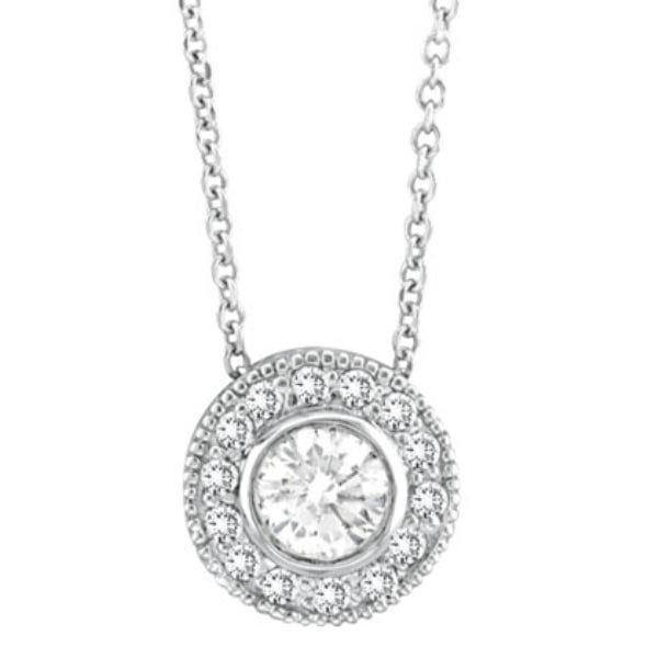 Halo Diamond Circle Pendant Necklace 14K White Gold (0.70ctw): METAL TYPE: 14k White Gold ;TOTAL CARAT WEIGHT: 0.50 ;NAME OF CENTER STONE: Diamond ;CENTER STONE SHAPE: Round ;CENTER STONE CLARITY: SI ;CENTER STONE COLOR: G-h ;CENTER STONE SETTING: Bezel ;CENTER S