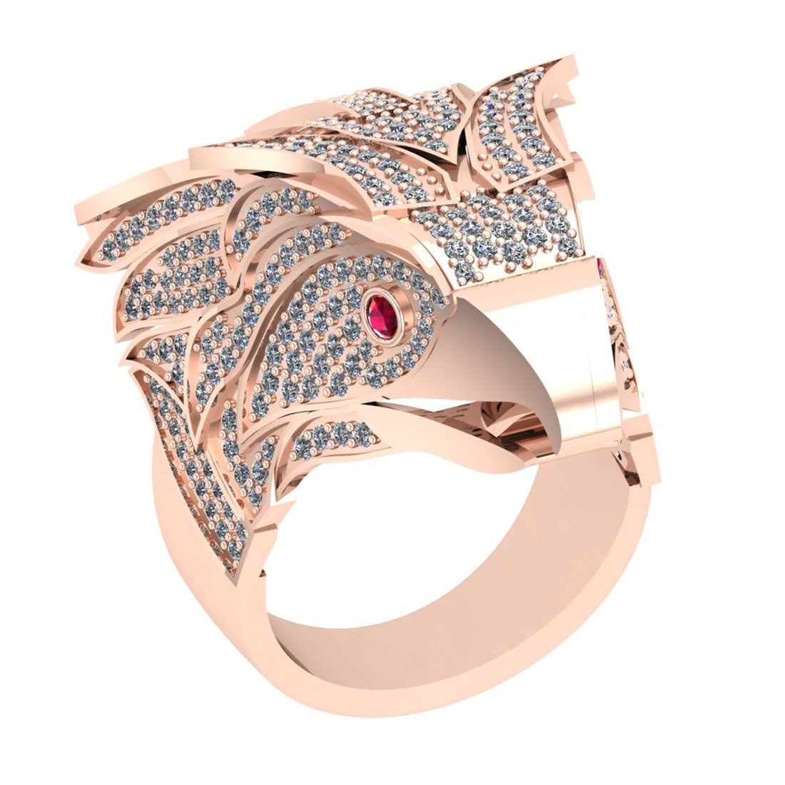 2.77 Ctw SI2/I1 Ruby And Diamond 14K Rose Gold Vintage Style Eagle Ring: Eye Stone Weight : 0.08 Ctw (Round Cut) Eye Stone Color : Ruby Total Diamond Weight Of Ctw 2.69 Ctw Stone Color : J-K Clarity : SI2/I1 Setting : Prong Metal Weight : Approx 18.50 Gram 14K Rose Gold Vi