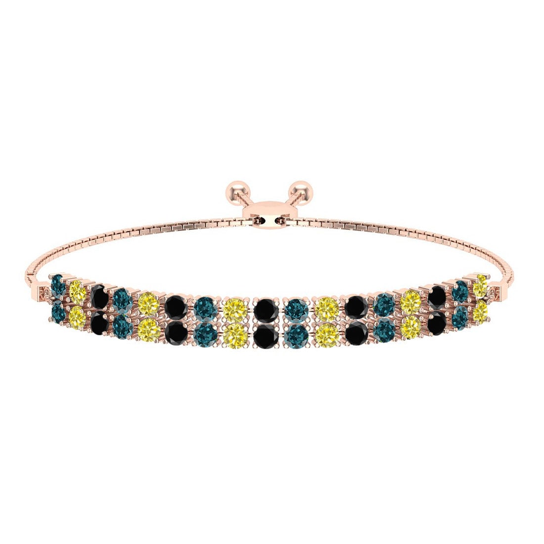 0.54 Ctw I2/I3 Multi Diamond14K Rose Gold Slide Bracelet: Center Diamond Weight : 0.54 Ctw (Round Cut) Center Diamond Color :- Treated Fancy Blue black yellow diamond Center Clarity : I2/I3 Stone Setting : Prong Metal Weight : Approx 5.80 Gram 14K Rose Gold 