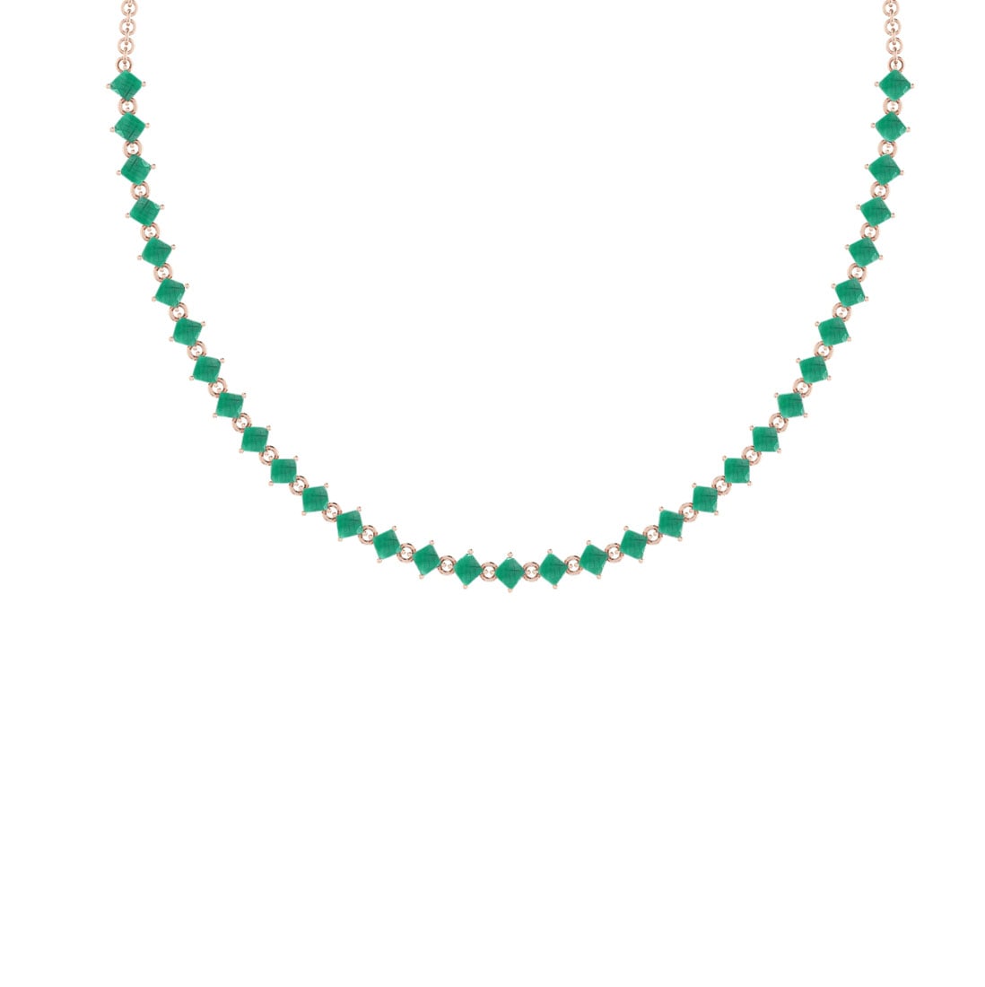 13.50 Ctw Emerald 14K Rose Gold Necklace: Center Stone Weight : 13.50 Ctw ( Square Cut) Center Stone Color :-Emerald Stone Setting : Prong Metal Weight : Approx 12.90 Gram 14K Rose Gold Ladies fashion Necklace Size :- 16 Inches #PAPPS67609v7