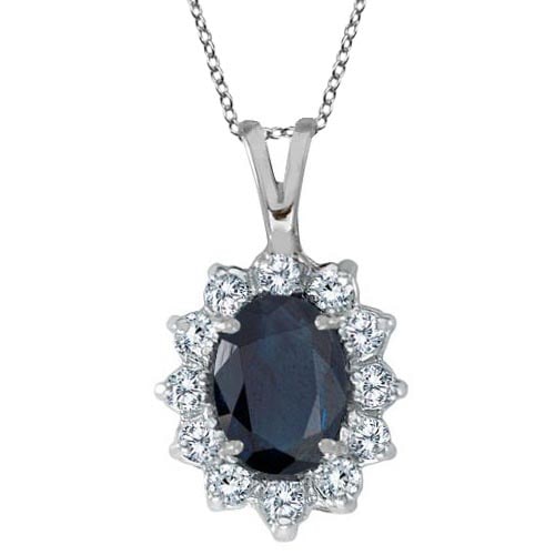 Blue Sapphire and Diamond Accented Pendant 14k White Gold 1.70ctw: CENTER STONE; Sapphire CENTER STONE CLARITY; CENTER STONE COLOR; Blue CENTER STONE SETTING; Prong SIDE STONE CLARITY; SI SIDE STONE COLOR; H-I SIDE STONE SETTING; Prong ctw OF SIDE STONE: 0.3 SIDE STO