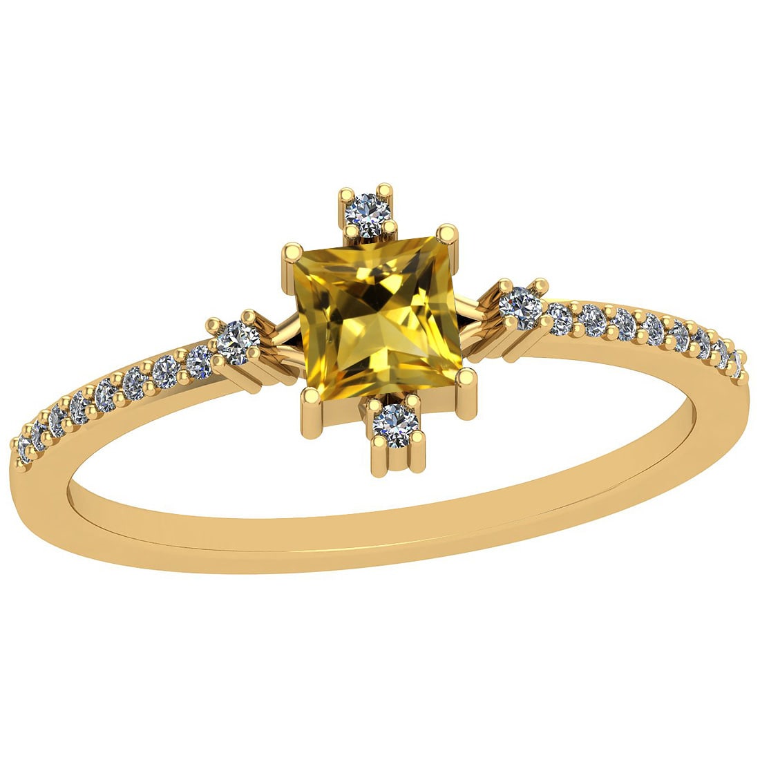 0.53 Ctw I2/I3 Citrine And Diamond 10K Yellow Gold Ring: Center Stone Weight : 0.39 Ctw (Square cut) Center Stone Color :-Citrine Stone Setting : Prong Side Stone Weight Of Ctw 0.14 Ctw Side Stone Color : J-K Stone Clarity : I2/I3 Stone Setting : Prong Meta