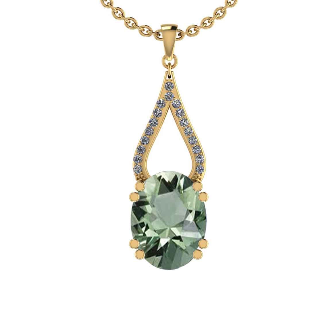 16.61 Ctw I2/I3 Green Amethyst And Diamond 10K Yellow Gold Pendant: Center Stone Weight : 15.98 Ctw (Oval Cut ) Center Stone Color : Green Amethyst Center Stone Setting : Prong Side Stone Weight Of Ctw 0.63 Ctw Side Stone Color : J-K Stone Clarity : I2/I3 Stone Settin