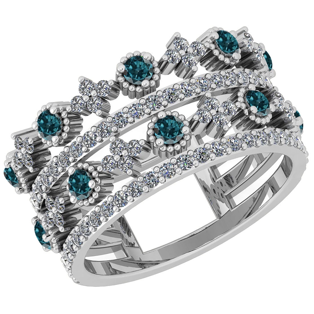 Certified 0.86 Ctw I2/I3 Treated Fancy Blue And White Diamond 14K White Gol: Center Approx Weight: 0.16 Ctw (Round Cut) Center Diamond Color: Treated Fancy Blue Diamond Center Clarity: I2/I3 Center Setting: Prong Side Stone: 0.70 ctw Side Stone Color: J-K Side Stone Setting: P