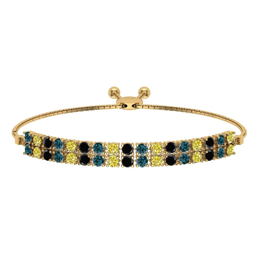 0.54 Ctw I2/I3 Multi Diamond14K Yellow Gold Slide Bracelet: Center Diamond Weight : 0.54 Ctw (Round Cut) Center Diamond Color :- Treated Fancy Blue black yellow diamond Center Clarity : I2/I3 Stone Setting : Prong Metal Weight : Approx 5.80 Gram 14K Yellow Gol
