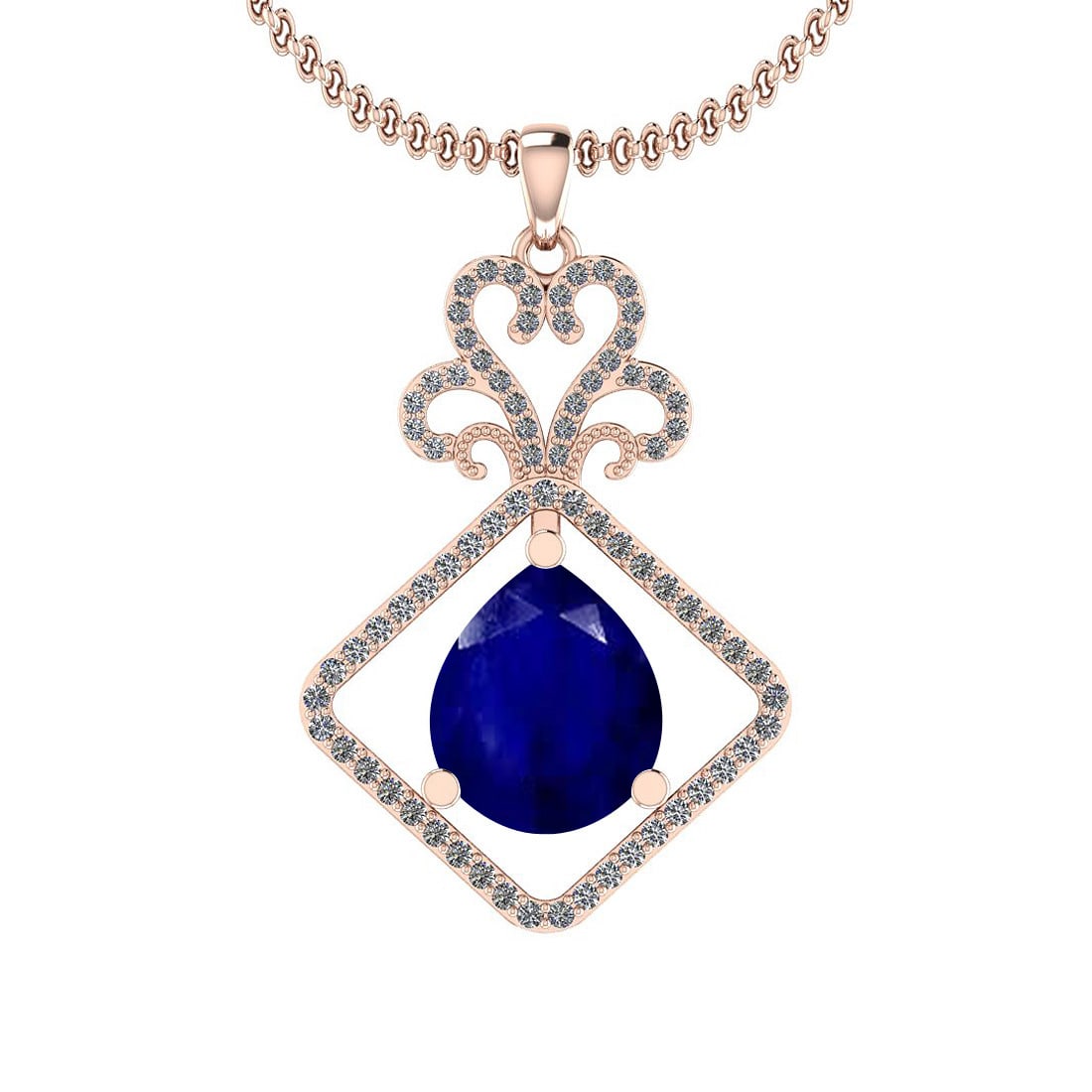 1.55 Ctw SI2/I1 Blue Sapphire And Diamond 14K Rose Gold Necklace: Center Stone Weight : 1.25 Ctw (Pear cut) Center Stone Color :-Blue Sapphire Stone Setting : Prong Side Stone Weight Of Ctw 0.30 Ctw Side Stone Color : J-K Stone Clarity : SI2/I1 Stone Setting : Prong