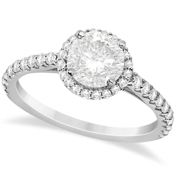 Halo Diamond Engagement Ring with Side Stone Accents Platinum 1.25ctw: CENTER STONE; Diamond (0.75 CTW) CENTER STONE CLARITY; SI1-SI2 CENTER STONE COLOR; J-K CENTER STONE SETTING; Prong SIDE STONE CLARITY; SI1-SI2 SIDE STONE COLOR; J-K SIDE STONE SETTING; Prong ctw OF SI