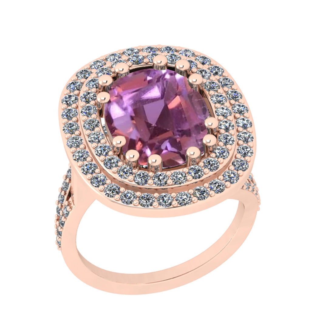 9.30 Ctw I2/I3 Kunzite And Diamond 14K Rose Gold Cocktail Ring: Center Stone Weight : 8.10 Ctw (Cushion Cut ) Center Stone Color : Kunzite Stone Setting : Prong Side Stone Weight Of Ctw 1.20 Ctw Side Stone Color : J-K Stone Clarity : I2/I3 Stone Setting : Prong Me