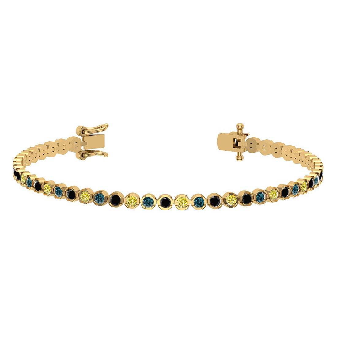 2.60 Ctw I2/I3 Multi Diamond14K Yellow Gold Bracelet: Center Diamond Weight : 2.60 Ctw (Round Cut) Center Diamond Color :- Treated Fancy Blue black yellow diamond Center Clarity : I2/I3 Stone Setting : Prong Metal Weight : Approx 7.90 Gram 14K Yellow Gol