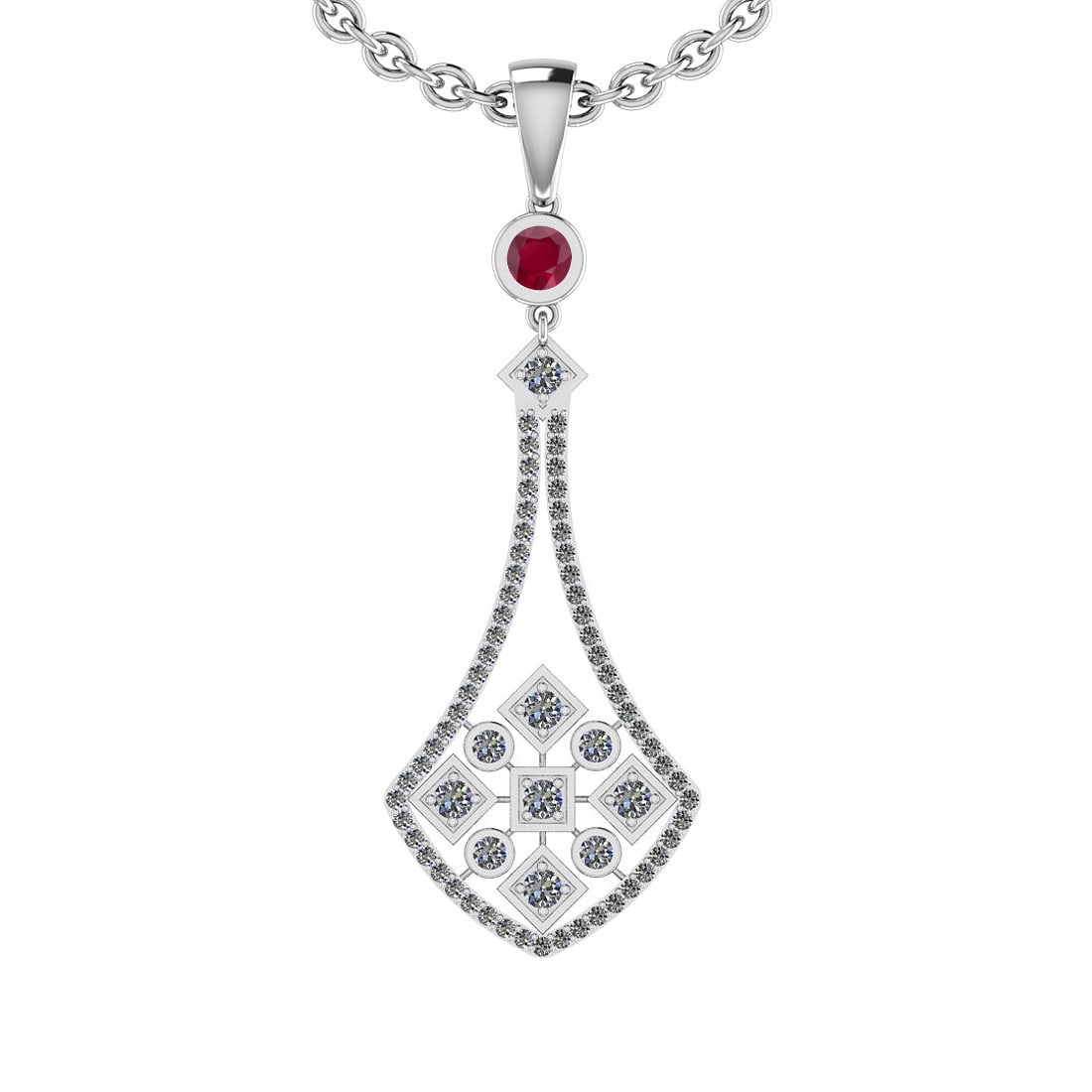 0.81 Ctw SI2/I1 Ruby And Diamond 14K White Gold Pendant: Center Stone Weight : 0.10 Ctw (Round Cut) Center Stone Color :-Ruby Center Stone Setting : Prong Side Stone Weight Of Ctw 0.71 Ctw Side Stone Color : G-H Stone Clarity :SI2/I1 Stone Setting : Prong M