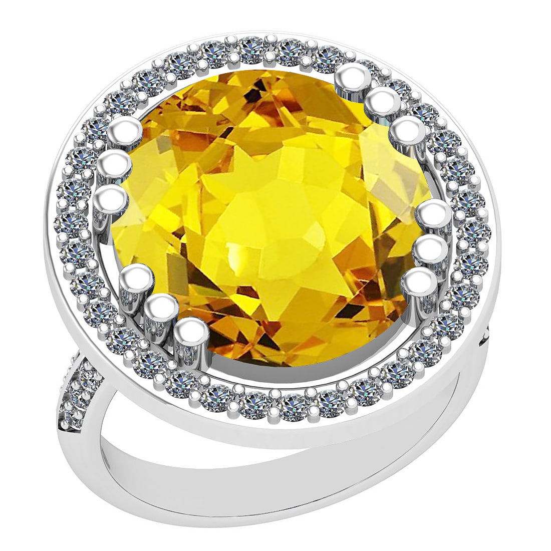 19.84 Ctw I2/I3 Lemon Topaz And Diamond 14k White Gold Engagement Halo Ring: Center Stone Weight : 19.06 Ctw (1 Psc Oval Cut ) Center Stone Color : Lemon Topaz Center Stone Setting : Prong Side Stone Weight Of Ctw 0.78 Ctw Side Stone Color : J-K Stone Clarity : I2/I3 Stone Set