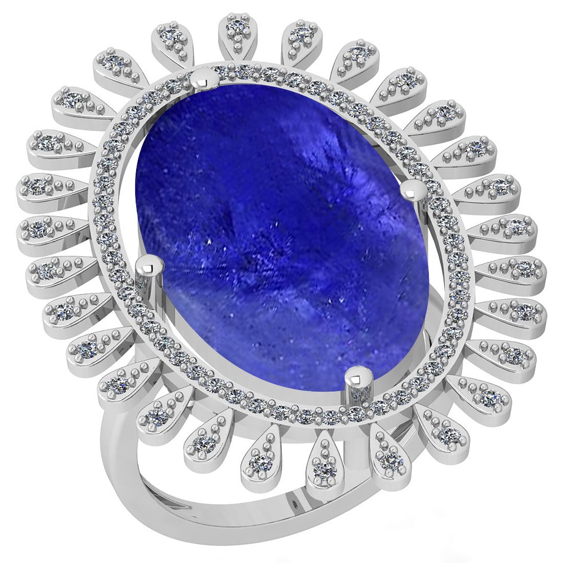 6.53 Ctw SI2/I1 Tanzanite And Diamond 14K Yellow Gold Vintage Style Ring: Color Stone Weight : 6.00 Ctw ( Oval Cab ) Center Stone Color :-Tanzanite Center Stone Setting : Prong Side Stone Weight Of Ctw 0.53 Ctw Side Stone Color : J-K Stone Clarity : SI2/I1 Stone Setting : P