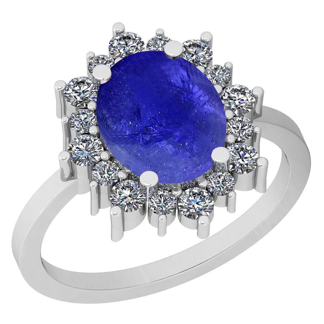 3.75 Ctw SI2/I1 Tanzanite And Diamond 14K White Gold Vintage Style Ring: Color Stone Weight : 2.90 Ctw ( Oval Cab ) Center Stone Color :-Tanzanite Center Stone Setting : Prong Side Stone Weight Of Ctw 0.85 Ctw Side Stone Color : J-K Stone Clarity : SI2/I1 Stone Setting : P