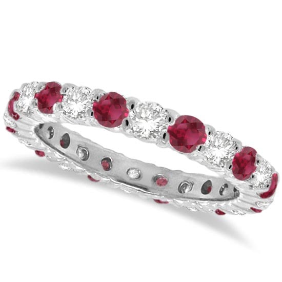 Red Garnet and Diamond Eternity Ring Band 14k White Gold 2.00 ctw: CENTER STONE; Garnet CENTER STONE CLARITY; CENTER STONE COLOR; Red CENTER STONE SETTING; Prong SIDE STONE CLARITY; SI SIDE STONE COLOR; J-K SIDE STONE SETTING; Prong ctw OF SIDE STONE: 0.5 SIDE STONE 