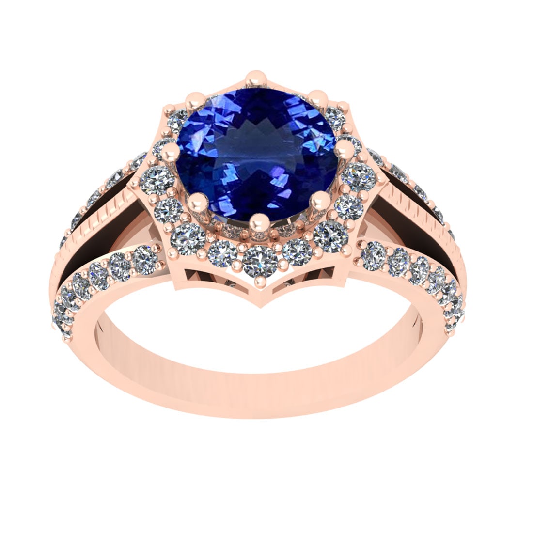 2.70 Ctw SI2/I1 Tanzanite And Diamond 14K Rose Gold Vintage Style Engagemen: Color Stone Weight : 2.00 Ctw (Round Cut ) Center Stone Color : Tanzanite Center Stone Setting : Prong Side Stone Weight Of Ctw 0.70 Ctw Side Stone Color : J-K Stone Clarity : SI2/I1 Stone Setting : P